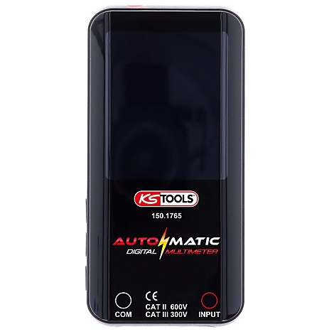 Schwarzes KS TOOLS Multimeter, rotes Logo, gelbes Blitz-Symbol, roter Schriftzug "AUTOMATIC DIGITAL MULTIMETER".